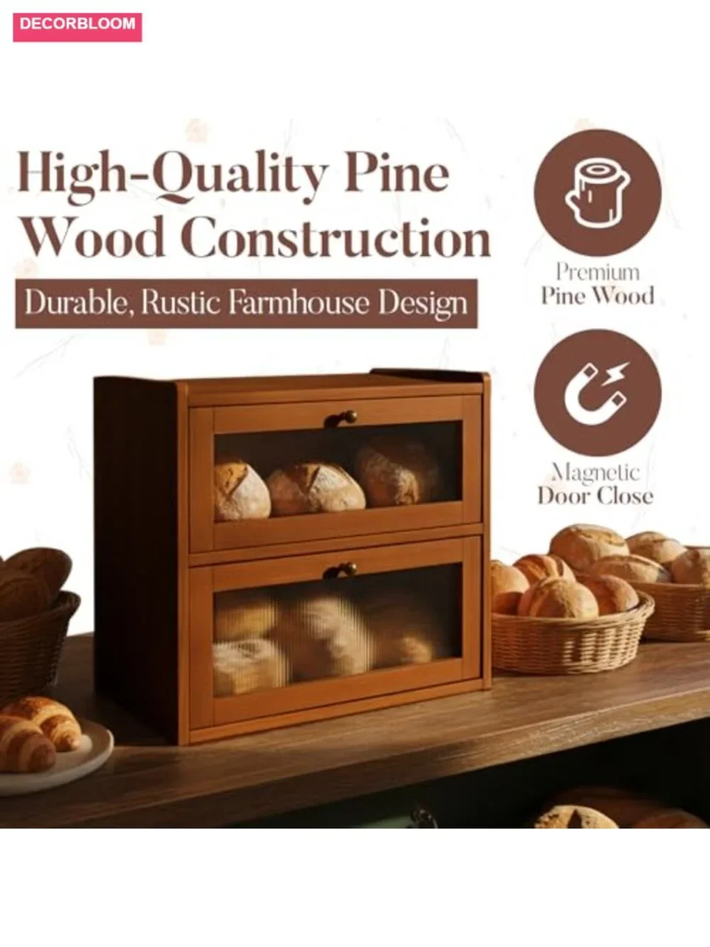 2-Layer Pine Wood Bread Box with Clear Acrylic Windows, Magnetic Closure, Large